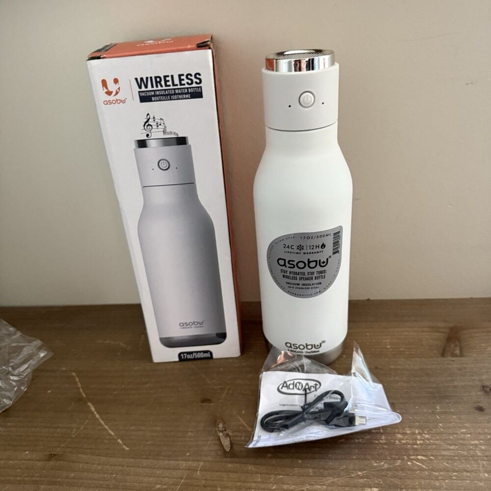 New Asobu Wireless Vacuum Insulated Water Bottle 17 Oz White Bluetooth Speaker